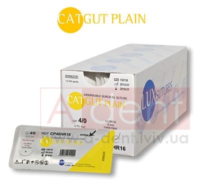 ������ PLAIN ������ ������� CATGUT PLAIN 4/0 75 cm ivory, reverse cutting 3/8 circle 16 mm (LUXSUTURES A.G.), CP40DS16, absorbable surgical suture, USP 4/0 (2 Ph. Eur) 75 cm ivory, 3/8 circle 16 mm reverse cutting DS16 - 130.00 ���