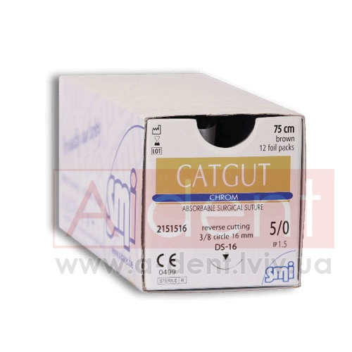 ������ CHROM ������ ������� CATGUT CHROM 6/0 45 cm brown, reverse cutting 3/8 circle 12 mm (SMI A.G.), � 2101512, absorbable surgical suture, USP 6/0 (1 Ph. Eur) 45 cm brown, 3/8 circle 12 mm reverse cutting DS12 - 121.16 ���