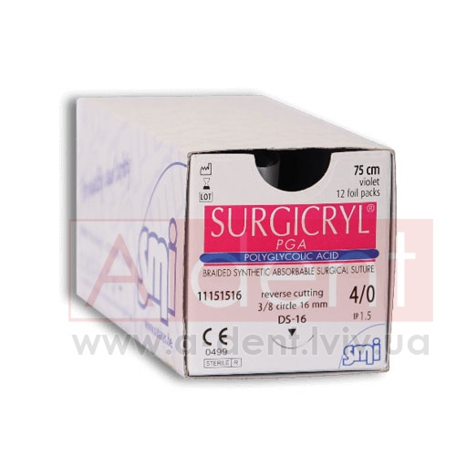 ���������� PGA ������ �������� SURGICRYL PGA 6/0 45 cm violet, reverse cutting 3/8 circle 12 mm (SMI A.G.), � 11071512, polyglycolic acid, braided synthetic absorbable suture, USP 6/0 (0.7 Ph. Eur) 45 cm violet, 3/8 circle 12 mm reverse cutting DS12 - 208.00 ���