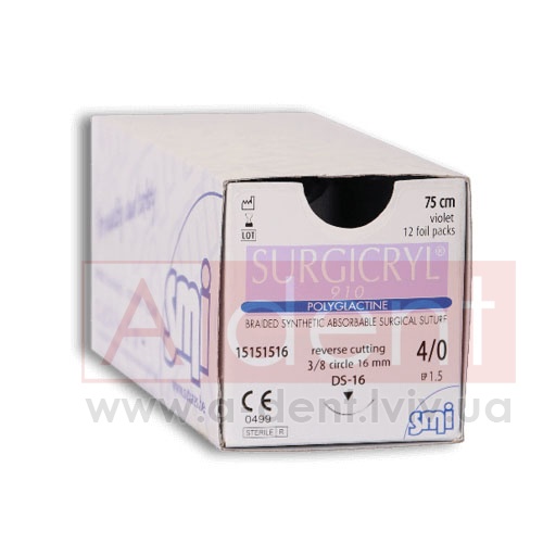 ��������� 910 ������ ������� SURGICRYL 910 4/0 75 cm violet, tapercut 1/2 circle 17 mm (SMI A.G.), � 15150517, braided synthetic absorbable surgical suture, polyglactine 910, USP 4/0 (1.5 Ph. Eur) 75 cm violet, 1/2 circle 17 mm tapercut HRT-17 - 225.68 ���