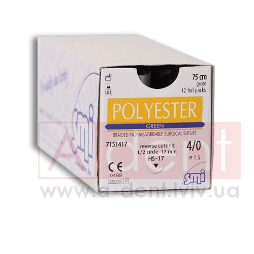 �������� ������ ������� POLYESTER 0 75 cm green, reverse cutting 3/8 circle 40 mm (SMI A.G.), � 7351540, braided nonabsorbable surgical suture, USP 0 (3.5 Ph. Eur) 75 cm green, 3/8 circle 40 mm reverse cutting DS-40 - 86.84 ���