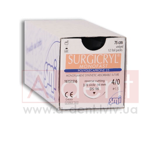 ��������� MONOFAST ������ ������� SURGICRYL MONOFAST 5/0 75 cm undyed, reverse cutting 3/8 circle 16 mm (SMI A.G.), � 16101516, polyglecaprone 25, synthetic absorbable suture, USP 5/0 (1 Ph. Eur) 75 cm undyed, 3/8 circle 16 mm reverse cutting DS-16 - 201.24 ���