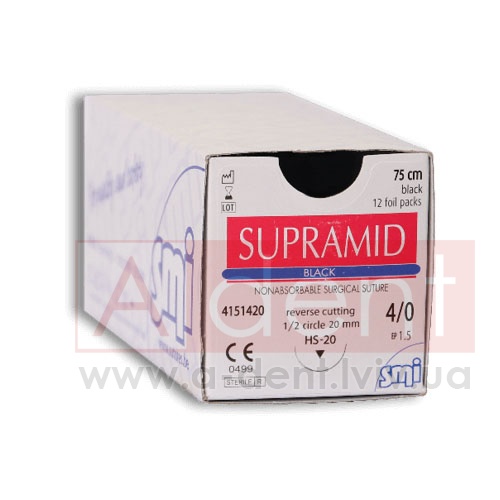 ������� ������ ������� SUPRAMID 5/0 75 cm black, reverse cutting 1/2 circle 20 mm (SMI A.G.), � 4101420, nonabsorbable surgical suture, polyamid black, USP 5/0 (1 Ph. Eur) 75 cm black, 1/2 circle 20 mm reverse cutting HS-20 - 108.68 ���