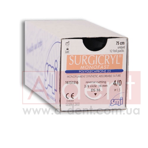 ��������� MONOFAST ������ ������� SURGICRYL MONOFAST 5/0 45 cm undyed, reverse cutting 3/8 circle 19 mm (SMI A.G.), � 16101519, polyglecaprone 25, synthetic absorbable suture, USP 5/0 (1 Ph. Eur) 45 cm undyed, 3/8 circle 19 mm reverse cutting DS-19 - 201.24 ���