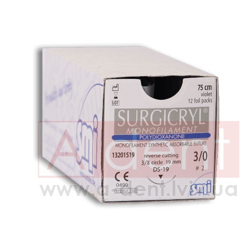 ��������� MONOFILAMENT ������ ������� SURGICRYL MONOFILAMENT 4/0 75 cm violet, reverse cutting 3/8 circle 16mm (SMI A.G.), � 13151516, polydioxanone monofilament, PDO, absorbable suture, USP 4/0 (1.5 Ph. Eur) 75cm, 3/8 circle 16mm reverse cutting DS-16 - 216.84 ���